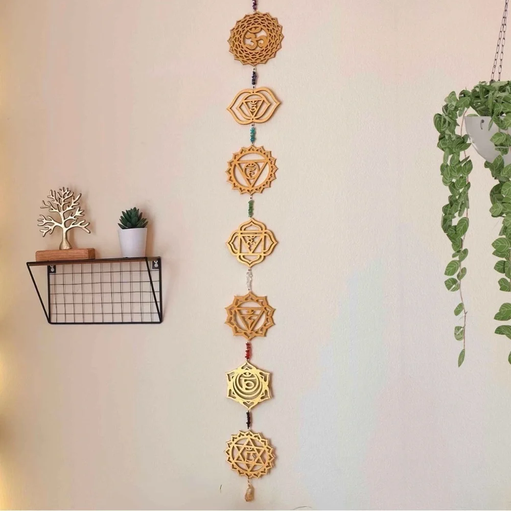 Gold Wooden Chakra Wall Hanging with Crystal Chip Accents